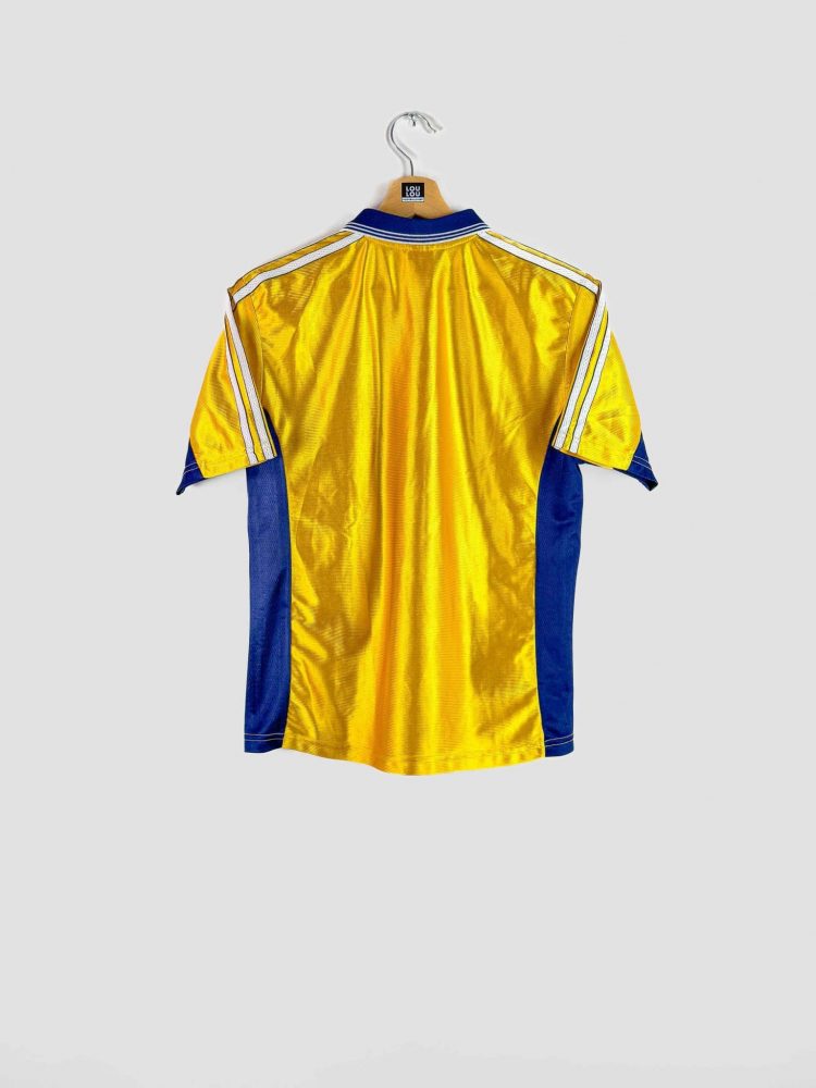 Collectionneur maillot OM 1998-1999 domicile, jaune et bleu, édition originale Adidas.