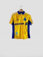 Maillot domicile Olympique de Marseille 1998-1999 Adidas, coloris jaune et bleu avec sponsor Ericsson.