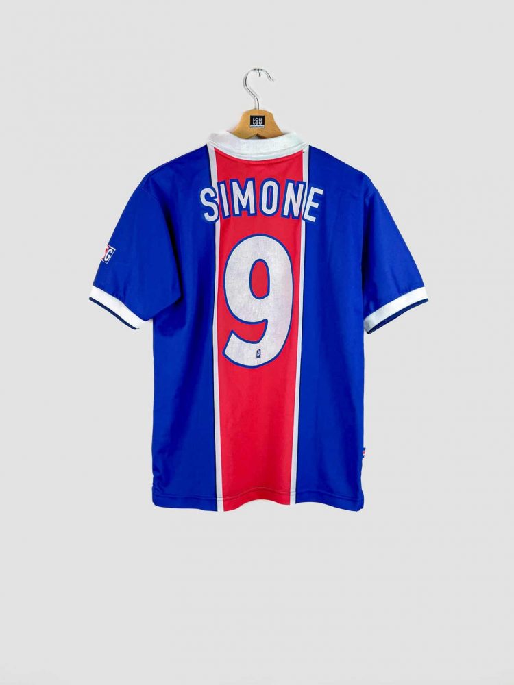 Maillot de football vintage PSG domicile saison 1997-1998 floqué Marco Simone numéro 9.
