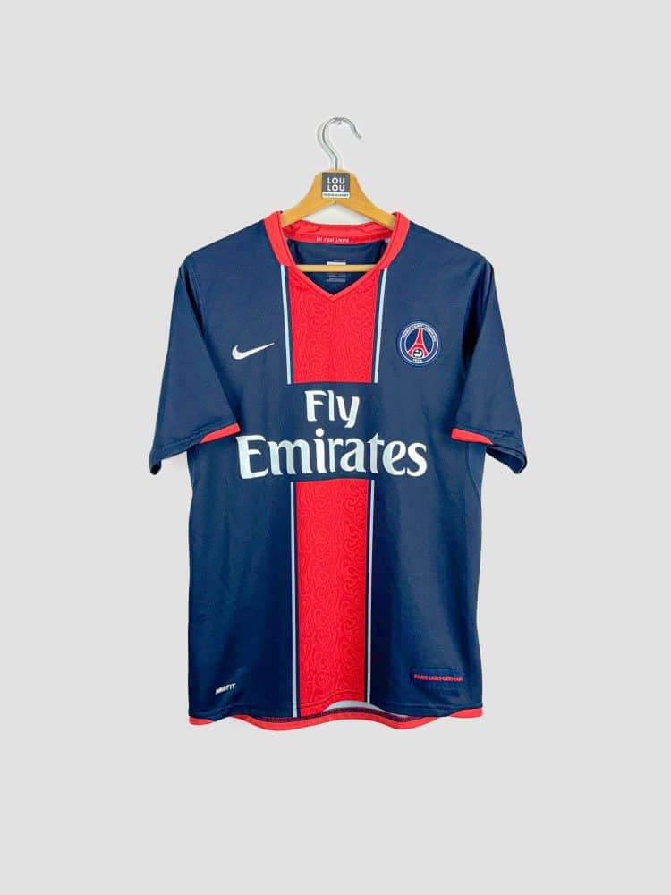 Maillot PSG 2007-2008 vintage domicile bleu avec bande rouge et sponsor Fly Emirates