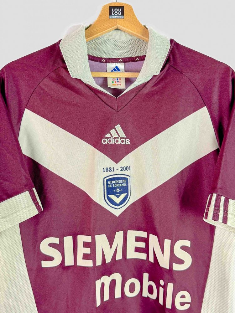 Maillot rétro des Girondins de Bordeaux édition 2002-2003, Adidas, sponsor Siemens Mobile – modèle bordeaux et blanc idéal pour collectionneurs et supporters du club.