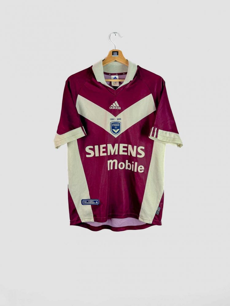 Maillot third vintage des Girondins de Bordeaux (saisons 2001-2003), bordeaux et blanc, sponsorisé Siemens Mobile par Adidas – pièce de collection pour fans de maillots rétro.