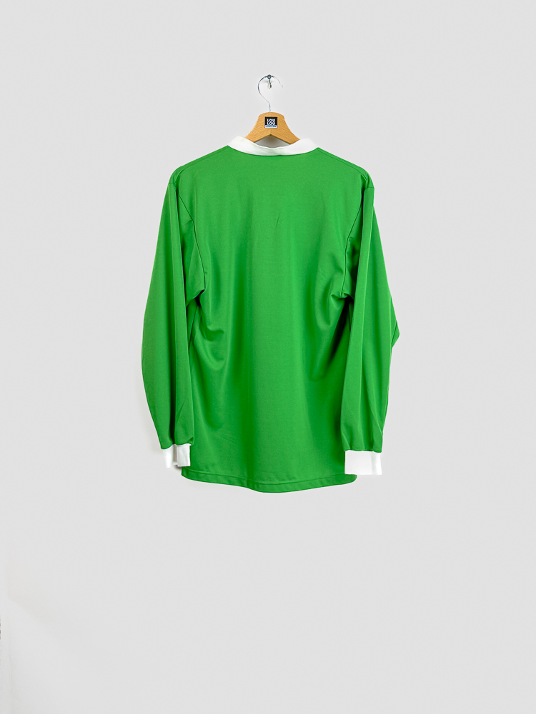 Maillot vintage Saint-Étienne saison 1998-1999, Asics, sponsor Casino, vert, manches longues, col V blanc.