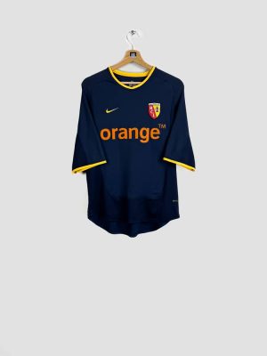 Détail sponsor Orange et col jaune maillot Nike RC Lens extérieur saison 2001-2002