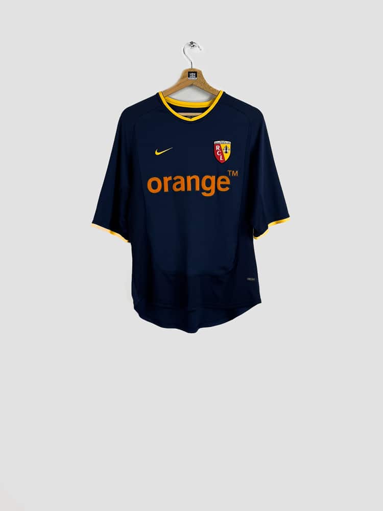 Maillot RC Lens 2001-2002 extérieur bleu marine, finitions jaune or, sponsor Orange imprimé