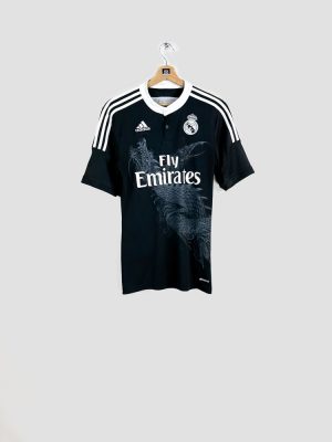 Maillot extérieur Real Madrid 2014-2015 Adidas noir avec dragon, sponsor Fly Emirates, col blanc, trois bandes – vue de face
