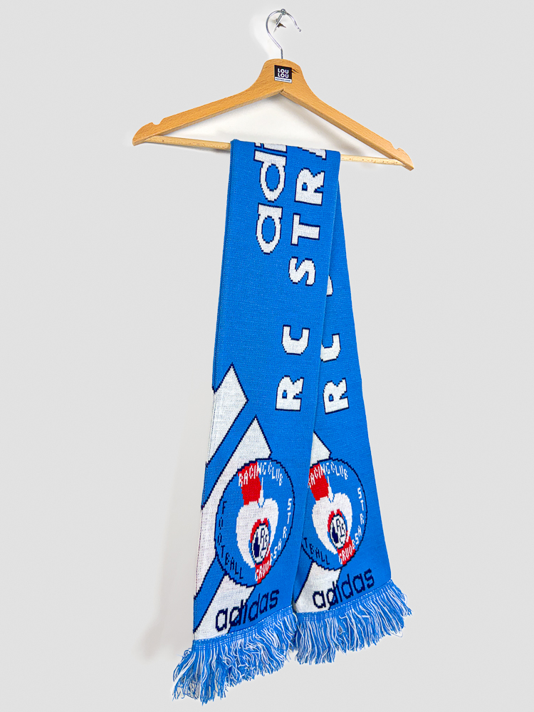 echarpe-retro-racing-club-strasbourg-saison-1996-1997-football-vintage-alsace Écharpe rétro Racing Club de Strasbourg 1996-1997 suspendue, design adidas années 90, supporter vintage Alsace, écusson central.